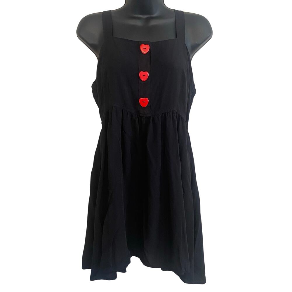 Sourpuss Heart Button Smocked Back Mini Dress Black Red Womens Sz Large Retro